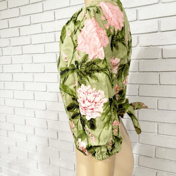 Agua Bendita Women's Large Peony Print Tie Wrap Top Dark Olive/Blush - Picture 5 of 10